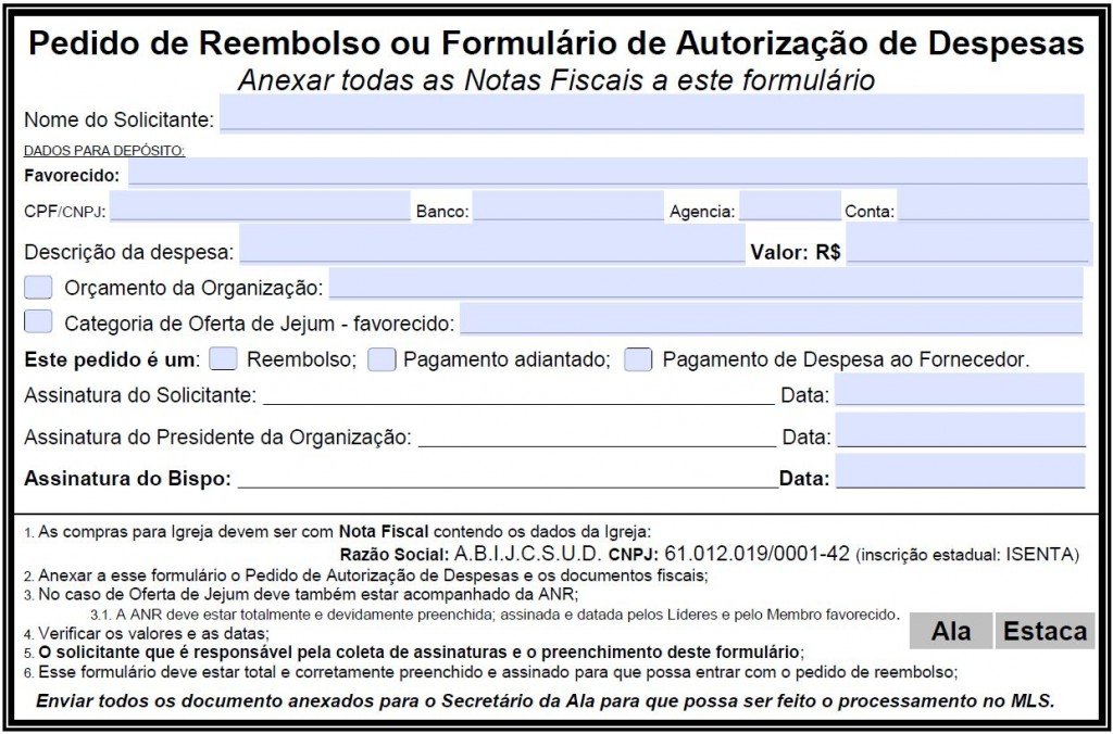 Pedido de Reembolso ou Formulário de Autorização de Despesas - SUDBR